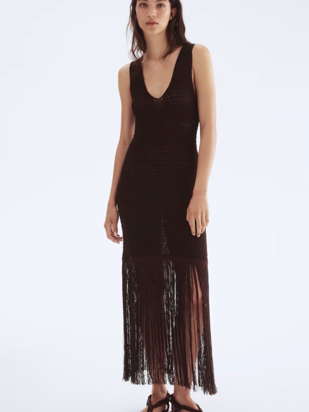 NWOT Sleeveless V-Neck Fringe Knit Maxi Dress - Dark Brown Cotton Blend - Picture 4 of 8